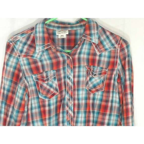 Ariat Shirt Womens M Red Blue Plaid Pearl Snap Western Embroidered Rodeo Cowgirl - Picture 2 of 13